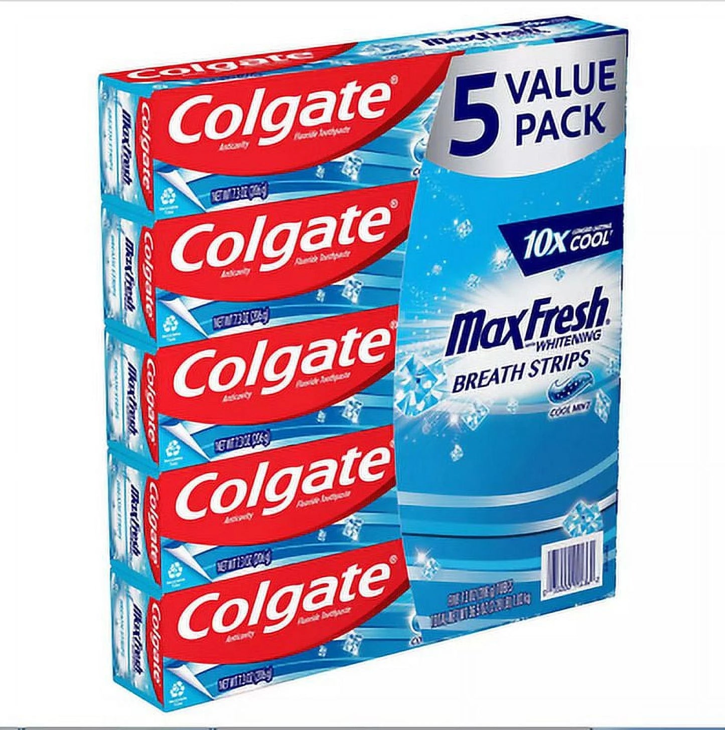 Max Fresh Cool Mint Toothpaste with Mini Breath Strips - 5 Pack (7.3 Oz)