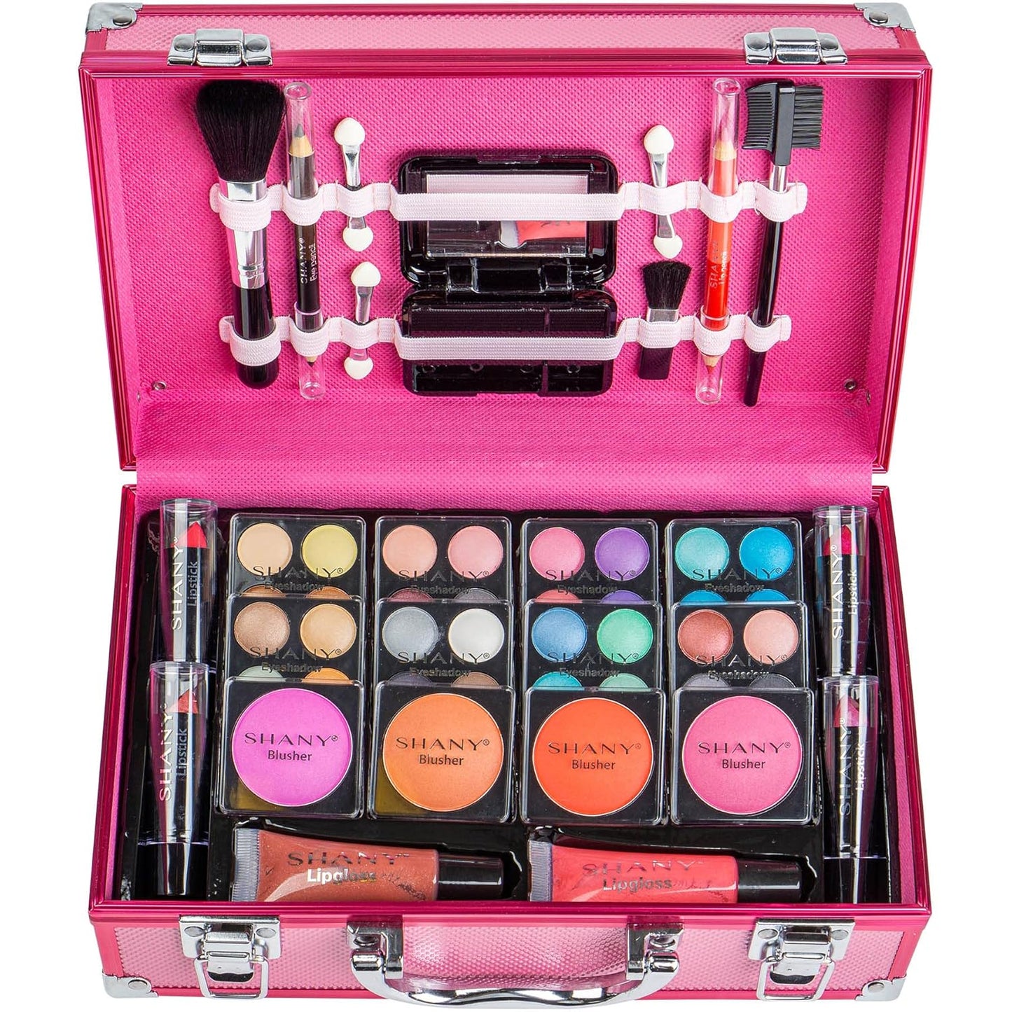 Carry All Make up Train Case with Pro Makeup Set, Beauty Brushes, Lipsticks, Eye Shadows, Blushes, Powders, and More - Reusable Cosmetics Storage Organizer - Premium Gift Packaging - Pink