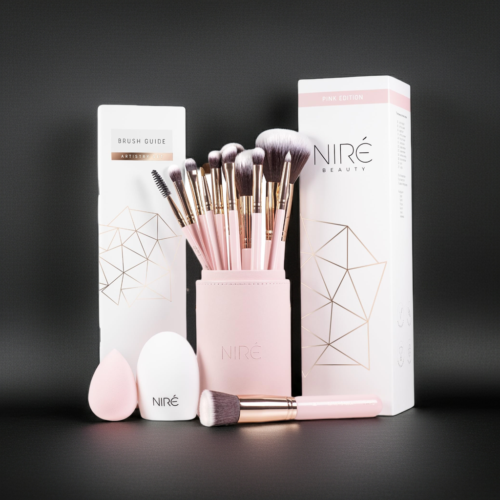Niré Beauty 15Piece Award Winning Pink Makeup Brushes: Pink Makeup Brush Set with Case, Makeup Sponge, Brush Cleaner, Guide, Gift Box