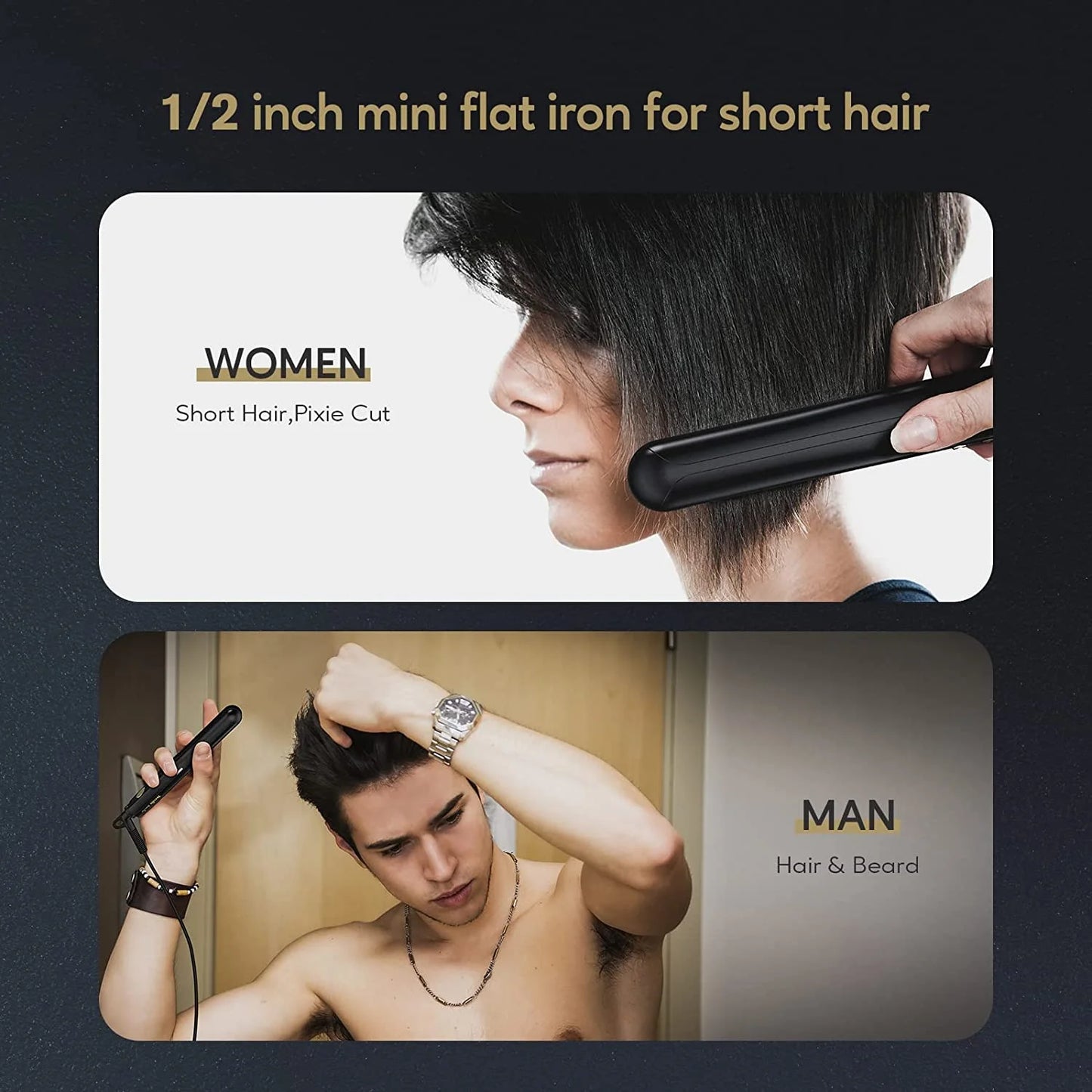 Compact Ceramic Travel Hair Straightener with Adjustable Heat - Mini Portable Flat Iron in Black
