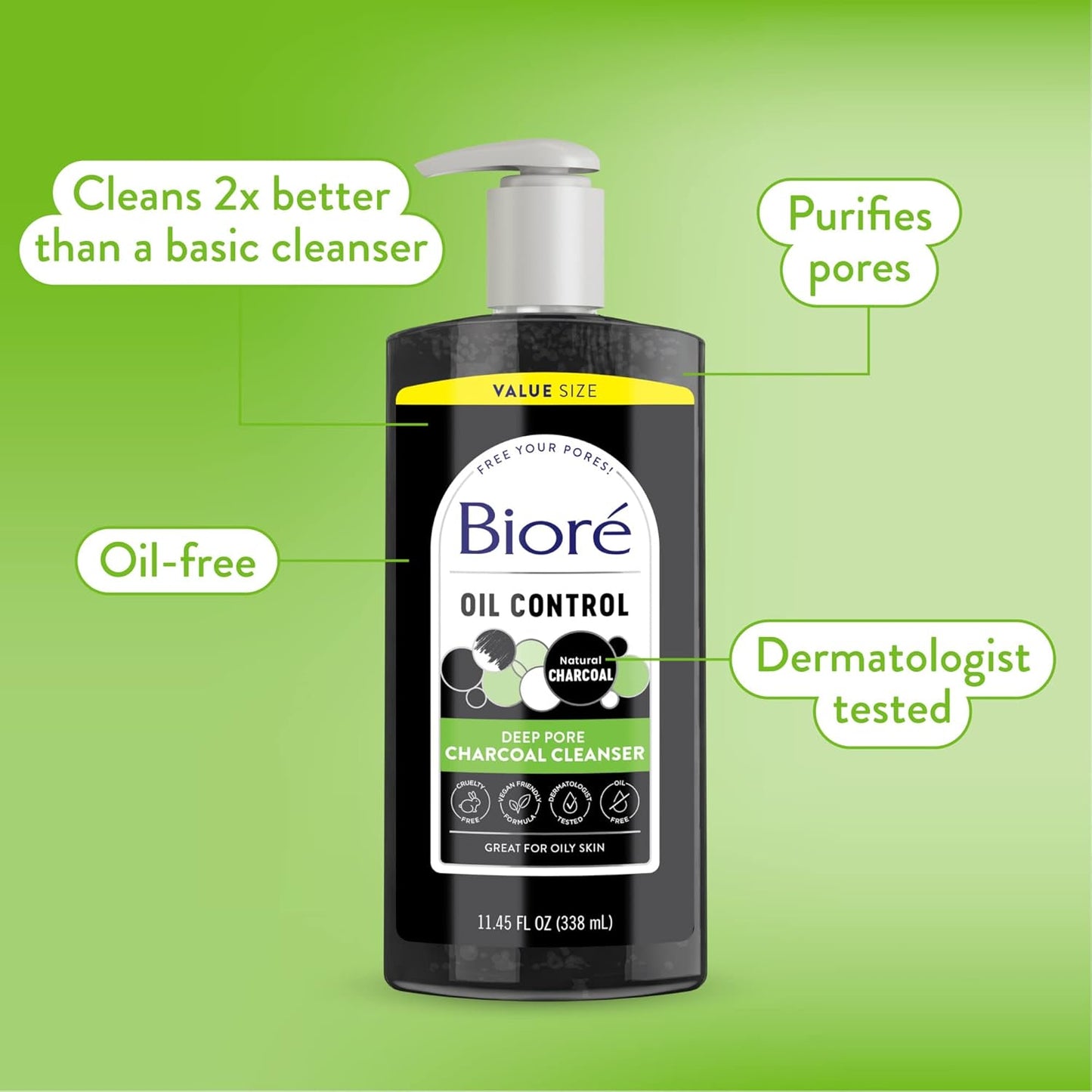 Biore Deep Pore Charcoal Face Wash - 11.45 Fl Oz Value Size, Powerful Daily Cleanser for Oily Skin, Removes Dirt & Makeup Effortlessly