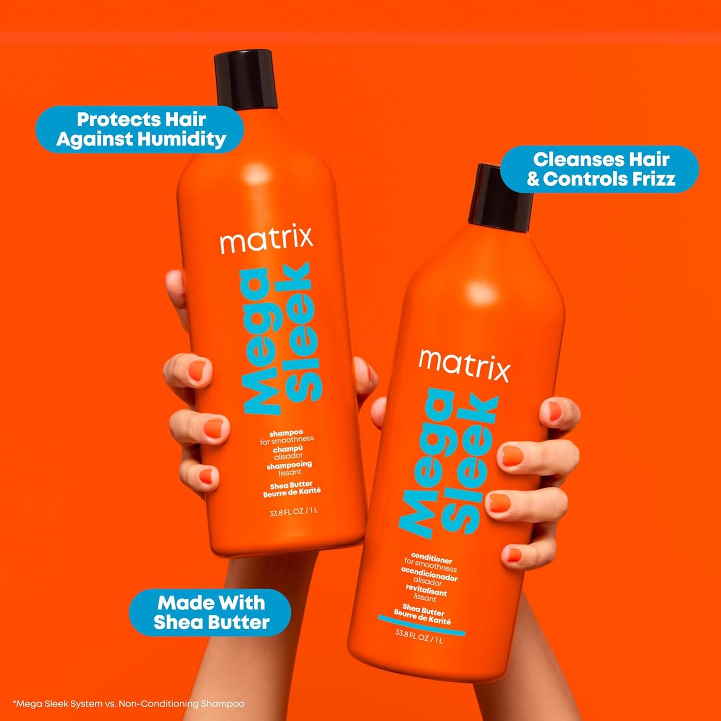 Mega Sleek Shampoo and Conditioner Set - Smoothing, Anti-Frizz, Detangling, for Dry, Damaged & Frizzy Hair, Nourishes with Shea Butter, Vegan