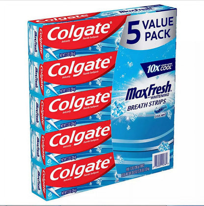 Max Fresh Cool Mint Toothpaste with Mini Breath Strips - 5 Pack (7.3 Oz)