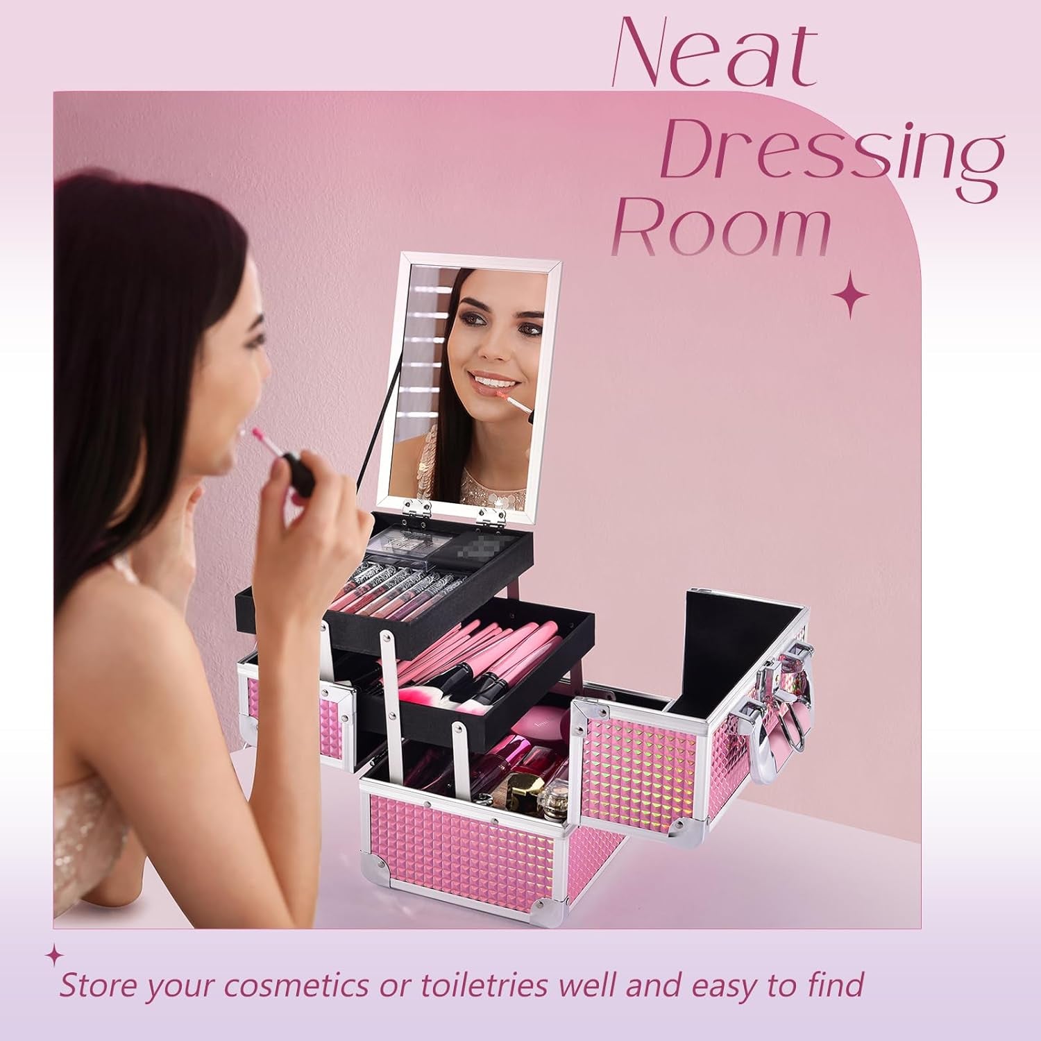 Makeup Train Case Makeup Case Organizer Portable Cosmetic Box Storage with 2 Trays Mirror Locking Make up Travel Case for Nail Kits Cosmetics Craft Traveling Makeup Box Mermaid Pink