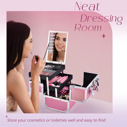 Makeup Train Case Makeup Case Organizer Portable Cosmetic Box Storage with 2 Trays Mirror Locking Make up Travel Case for Nail Kits Cosmetics Craft Traveling Makeup Box Mermaid Pink
