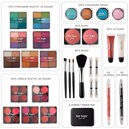 Ultimate Rainbow Makeup Kit for Teen Girls - Complete Starter Set with Eye Shadow, Lip Balm, Blush, Lip Gloss, Brushes & Mirror