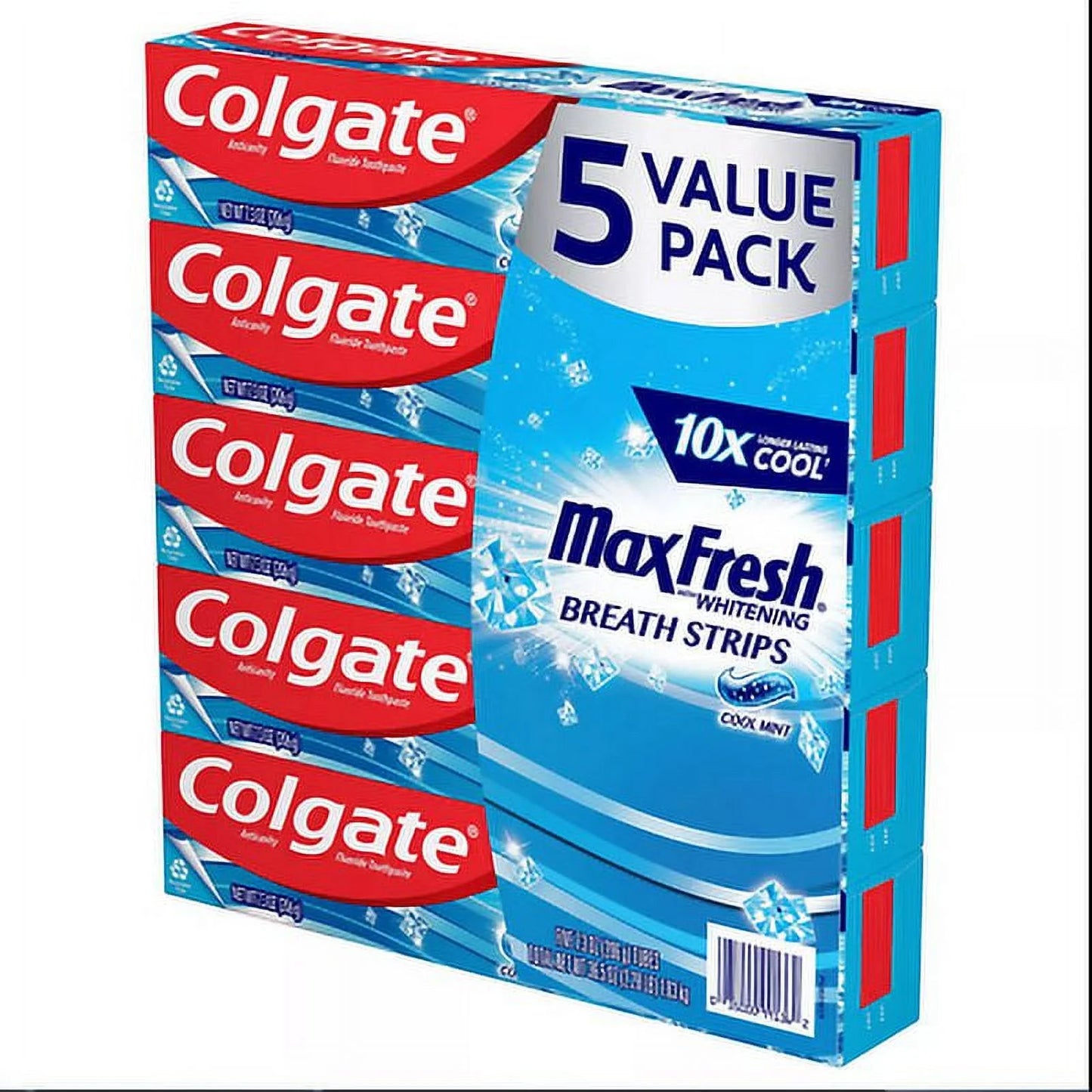 Max Fresh Cool Mint Toothpaste with Mini Breath Strips - 5 Pack (7.3 Oz)