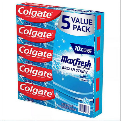 Max Fresh Cool Mint Toothpaste with Mini Breath Strips - 5 Pack (7.3 Oz)