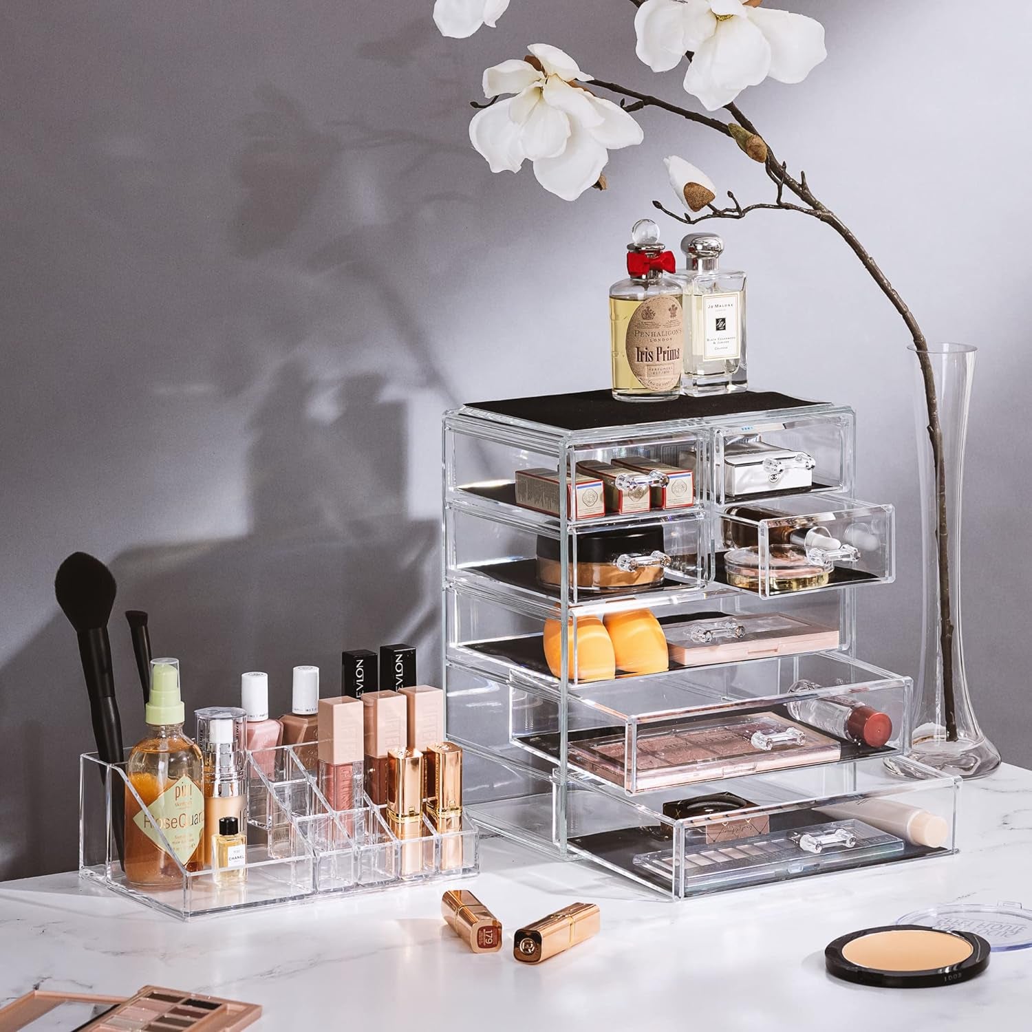 Acrylic Makeup Organizer Set, 7-Drawer Vanity & Countertop Cosmetic Storage with Small & Wide Compartments, Clear Makeup Storage for Brushes, Lipsticks, Jewelry – Holiday Gift for Women & Teens