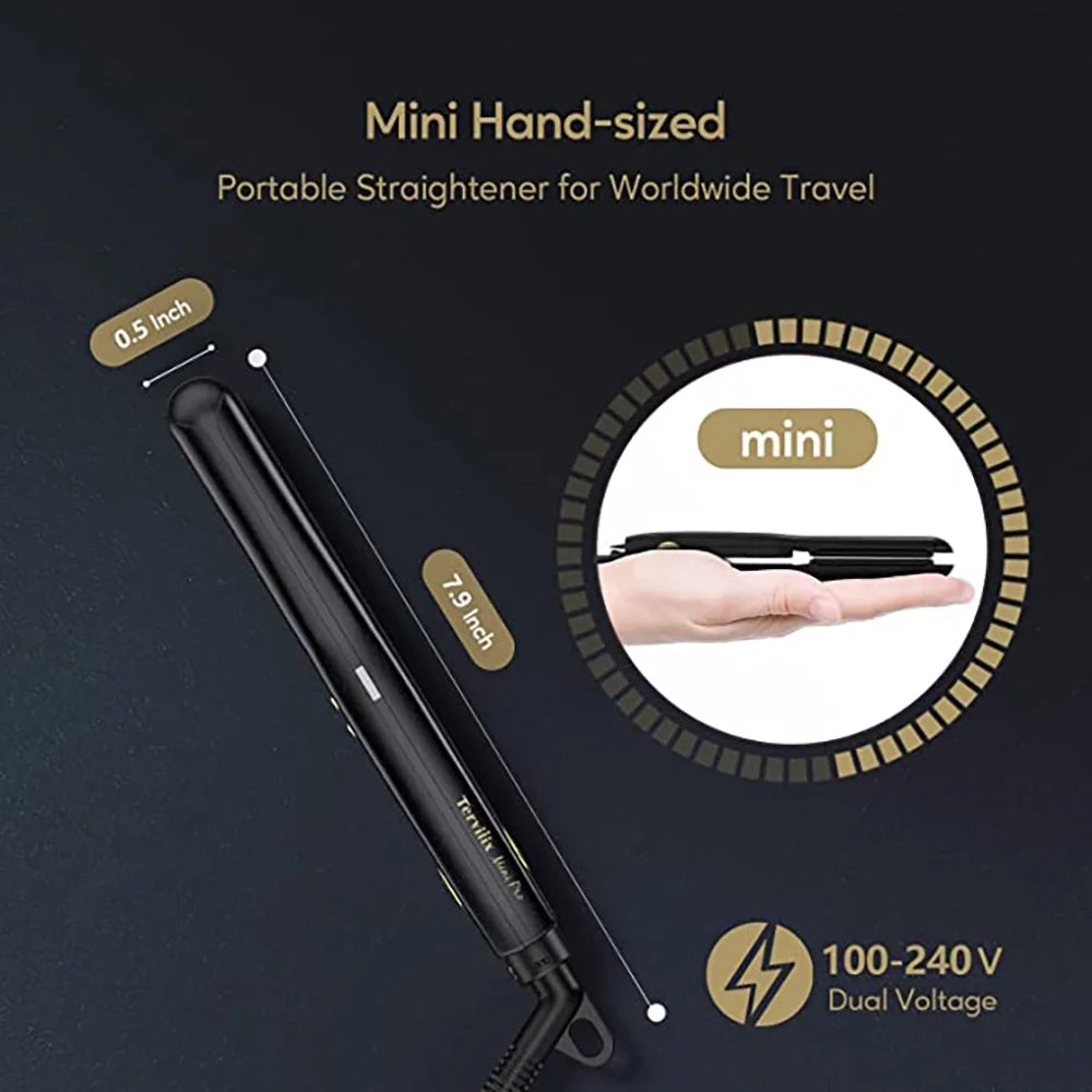 Compact Ceramic Travel Hair Straightener with Adjustable Heat - Mini Portable Flat Iron in Black