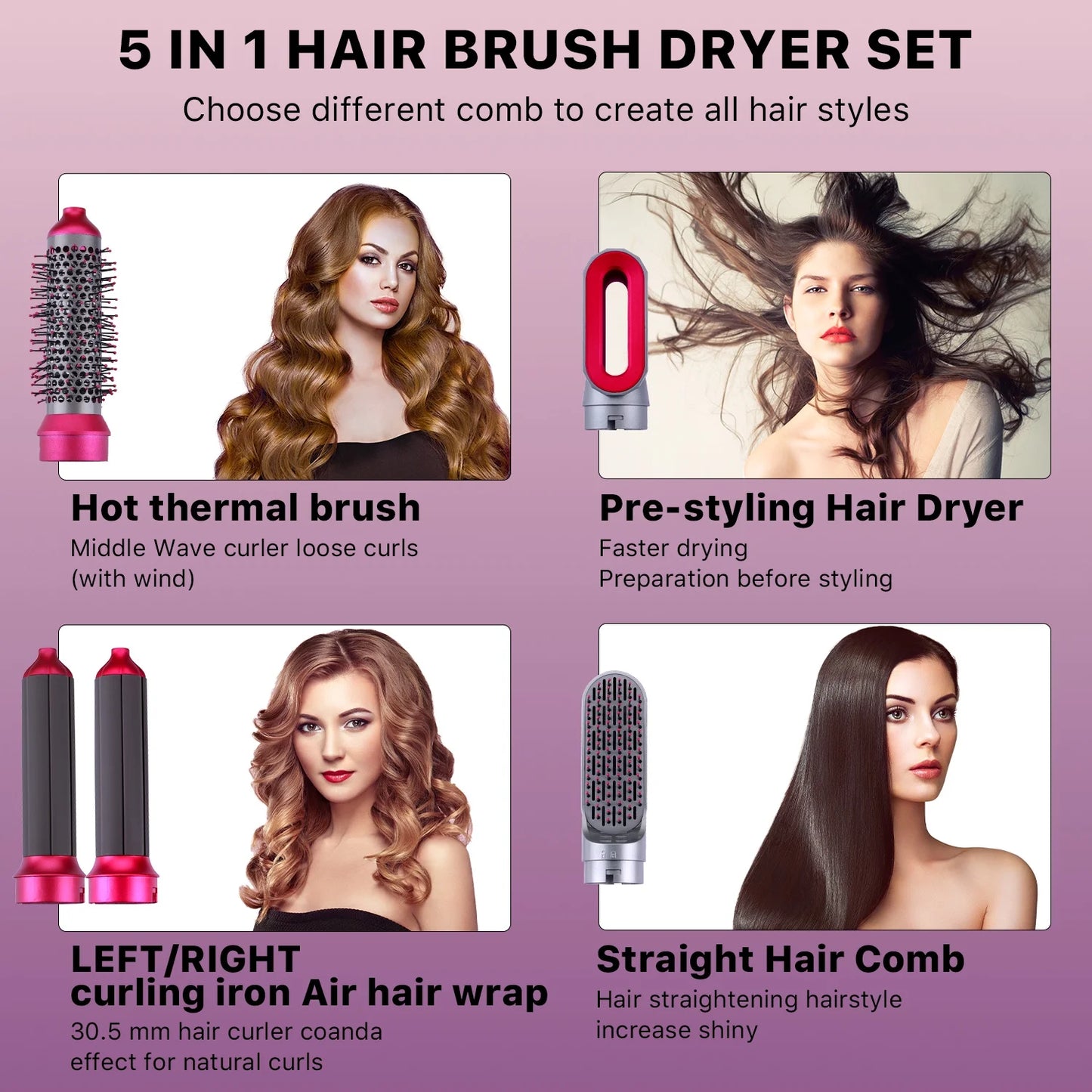 Versatile 5-in-1 Hot Air Brush: Straighten, Curl, and Style with Detachable Brush Heads!