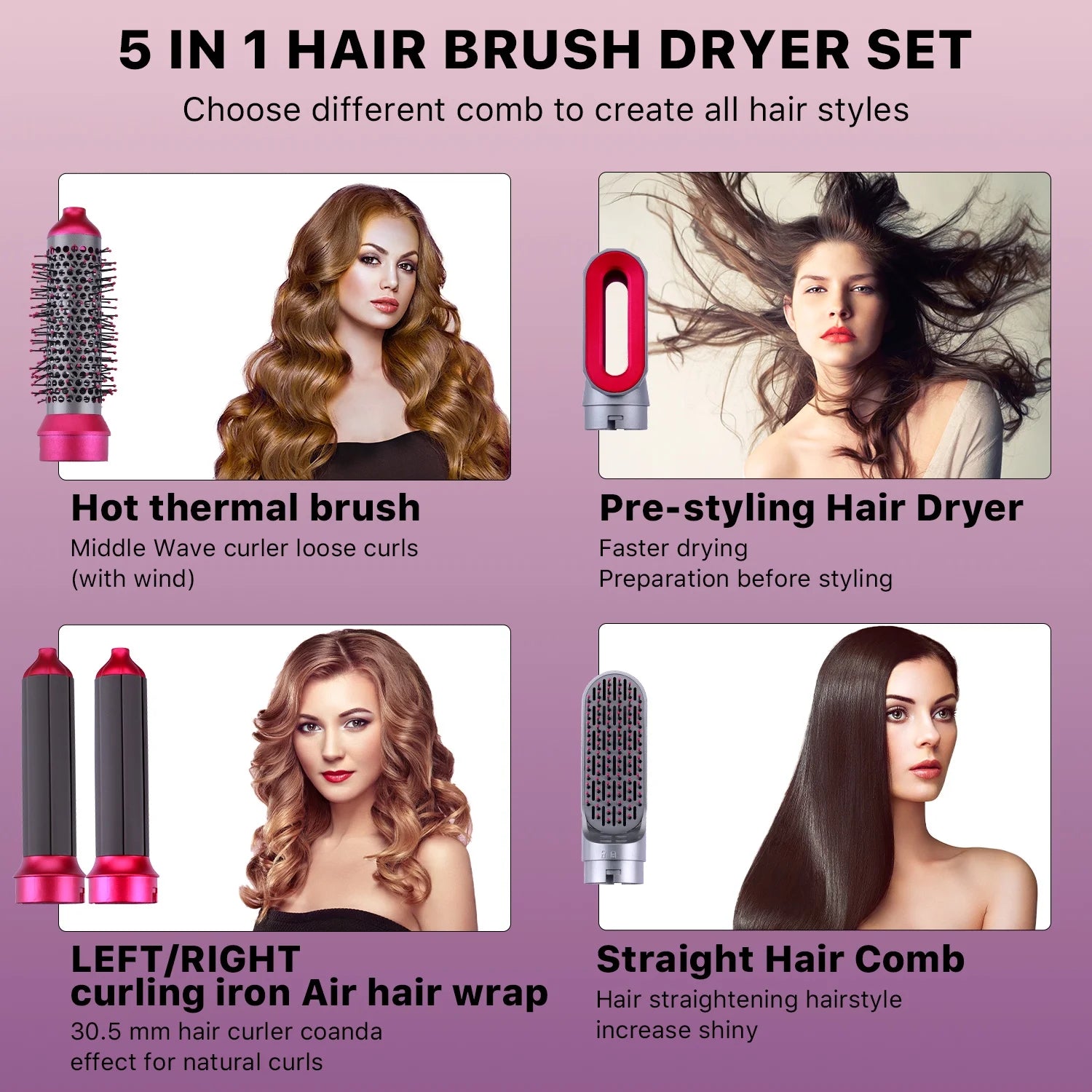 Versatile 5-in-1 Hot Air Brush: Straighten, Curl, and Style with Detachable Brush Heads!