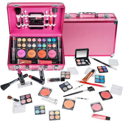 Carry All Make up Train Case with Pro Makeup Set, Beauty Brushes, Lipsticks, Eye Shadows, Blushes, Powders, and More - Reusable Cosmetics Storage Organizer - Premium Gift Packaging - Pink