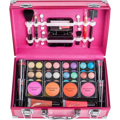 Carry All Make up Train Case with Pro Makeup Set, Beauty Brushes, Lipsticks, Eye Shadows, Blushes, Powders, and More - Reusable Cosmetics Storage Organizer - Premium Gift Packaging - Pink