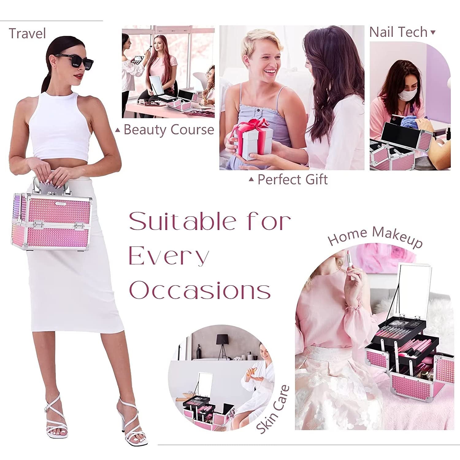 Makeup Train Case Makeup Case Organizer Portable Cosmetic Box Storage with 2 Trays Mirror Locking Make up Travel Case for Nail Kits Cosmetics Craft Traveling Makeup Box Mermaid Pink