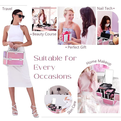 Makeup Train Case Makeup Case Organizer Portable Cosmetic Box Storage with 2 Trays Mirror Locking Make up Travel Case for Nail Kits Cosmetics Craft Traveling Makeup Box Mermaid Pink