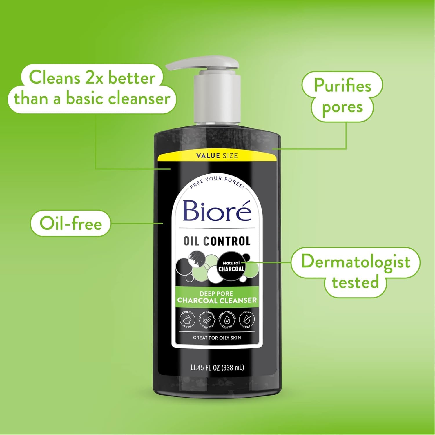 Biore Deep Pore Charcoal Face Wash - 11.45 Fl Oz Value Size, Powerful Daily Cleanser for Oily Skin, Removes Dirt & Makeup Effortlessly