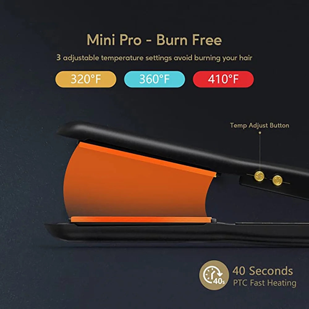 Compact Ceramic Travel Hair Straightener with Adjustable Heat - Mini Portable Flat Iron in Black