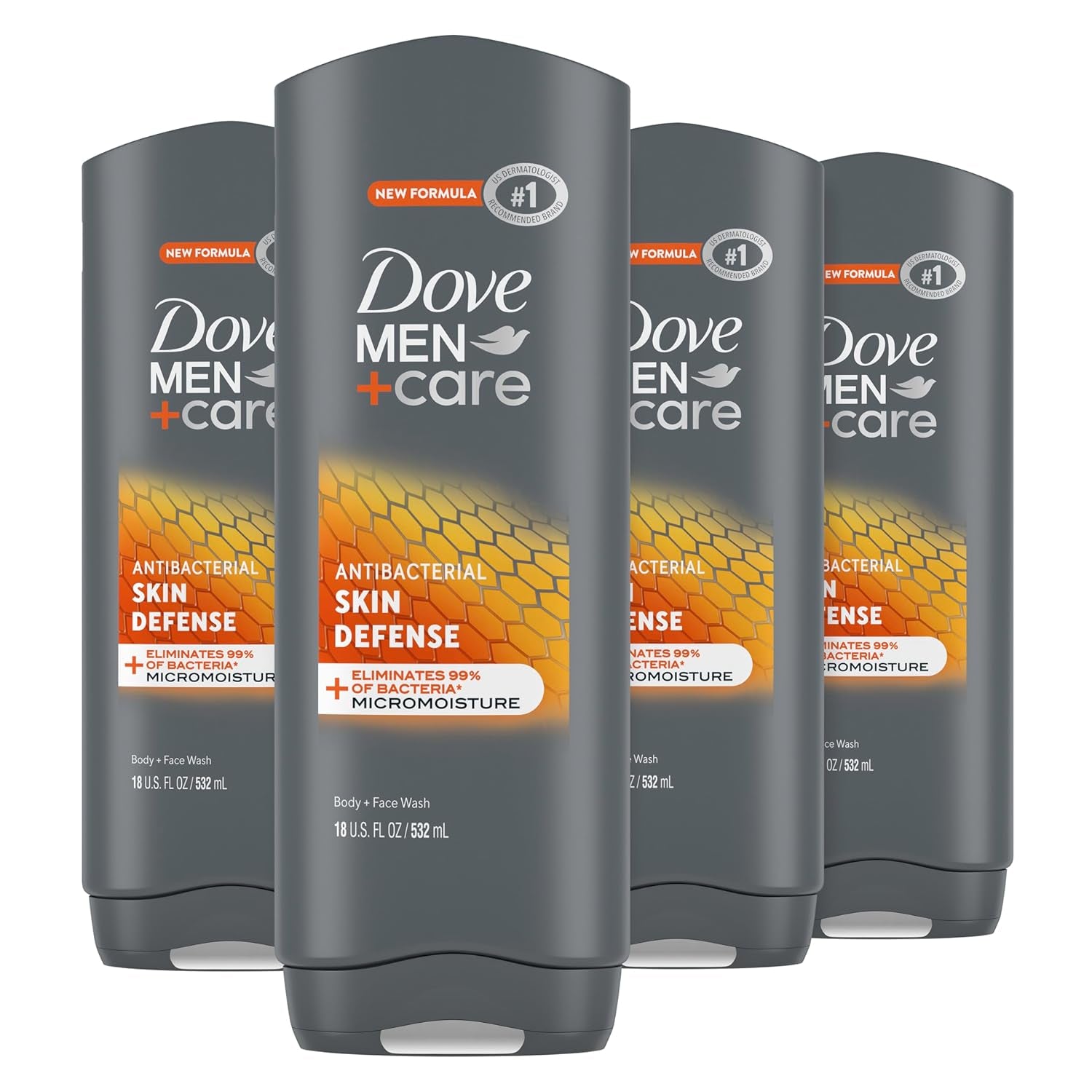 Dove Men+Care Body Wash Skin Defense - 4 Pack for Smooth, Hydrated Skin - 18 Oz Each, Bacteria-Fighting Nourishment