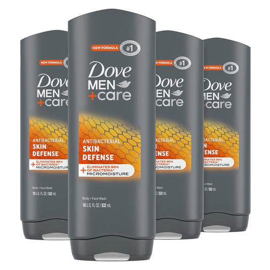Dove Men+Care Body Wash Skin Defense - 4 Pack for Smooth, Hydrated Skin - 18 Oz Each, Bacteria-Fighting Nourishment