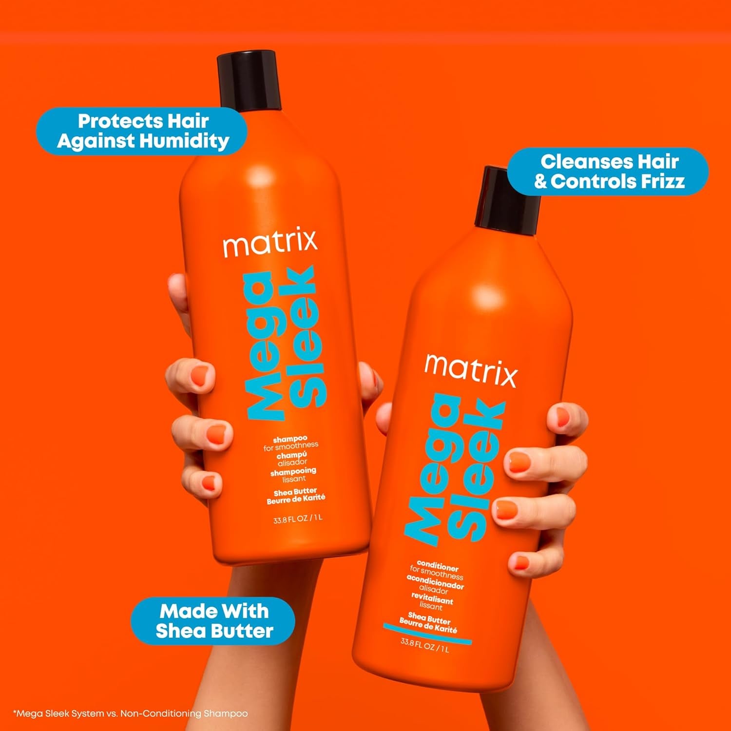 Mega Sleek Shampoo and Conditioner Set - Smoothing, Anti-Frizz, Detangling, for Dry, Damaged & Frizzy Hair, Nourishes with Shea Butter, Vegan