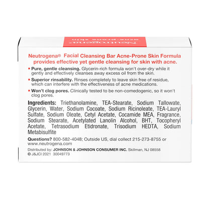 Facial Cleansing Bar for Acne-Prone Skin, Gentle Non-Medicated Daily Cleanser, Non-Comedogenic Transparent Soap with Glycerin, No Dyes or Detergents, 3.5 Oz
