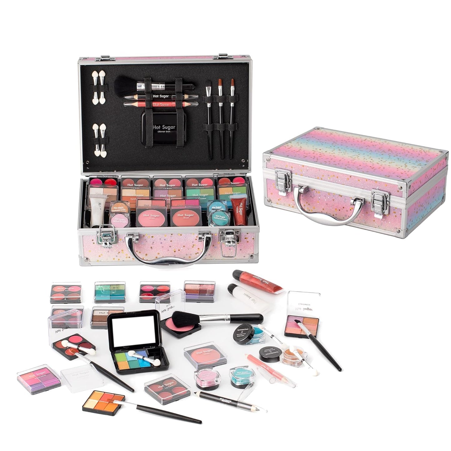 Ultimate Rainbow Makeup Kit for Teen Girls - Complete Starter Set with Eye Shadow, Lip Balm, Blush, Lip Gloss, Brushes & Mirror