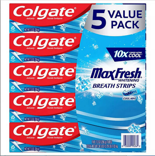 Max Fresh Cool Mint Toothpaste with Mini Breath Strips - 5 Pack (7.3 Oz)