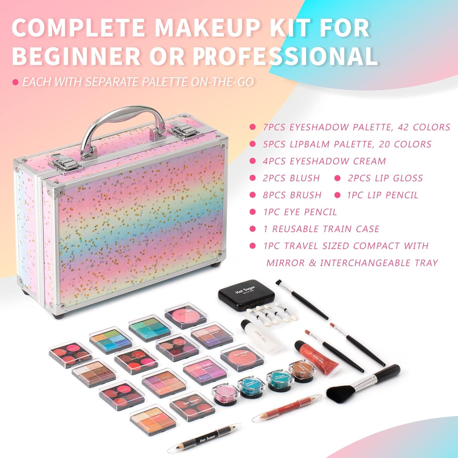 Ultimate Rainbow Makeup Kit for Teen Girls - Complete Starter Set with Eye Shadow, Lip Balm, Blush, Lip Gloss, Brushes & Mirror