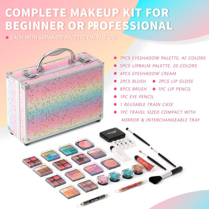 Ultimate Rainbow Makeup Kit for Teen Girls - Complete Starter Set with Eye Shadow, Lip Balm, Blush, Lip Gloss, Brushes & Mirror